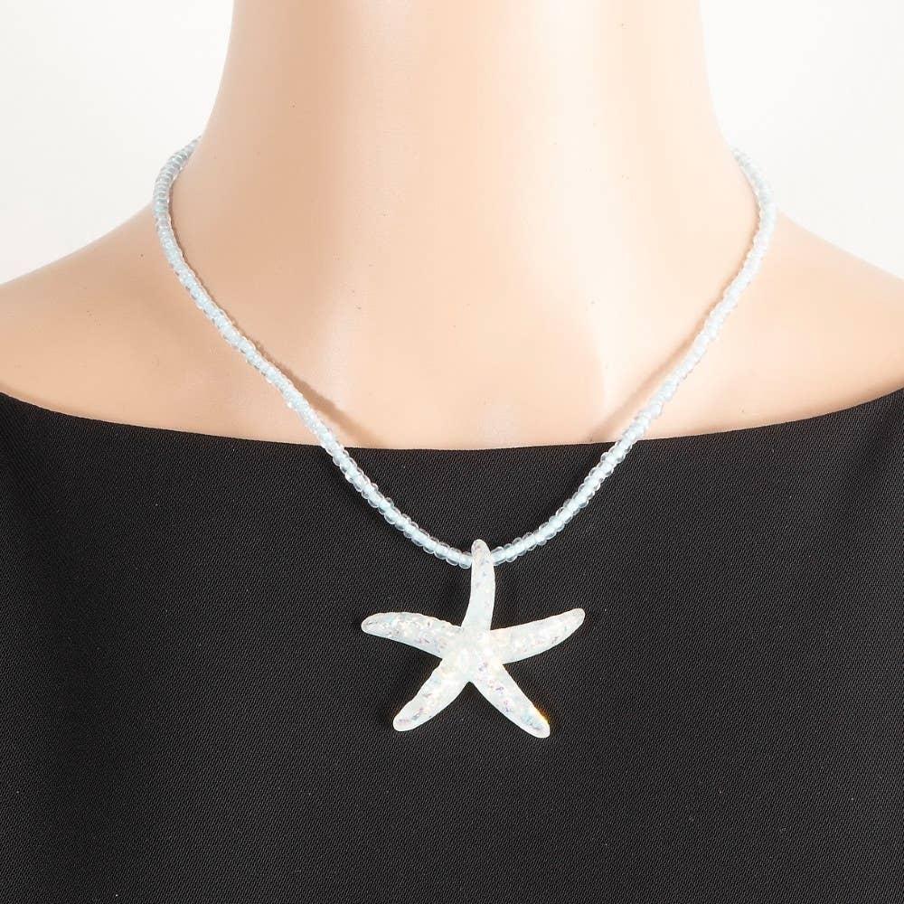 Iridescent Starfish Pendant Beaded Necklace
