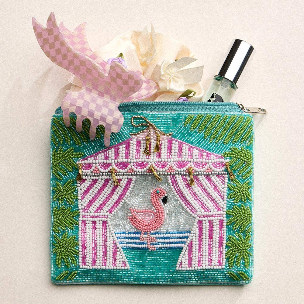 Flamingo Cabana Palm Seed Beaded Mini Pouch Bag
