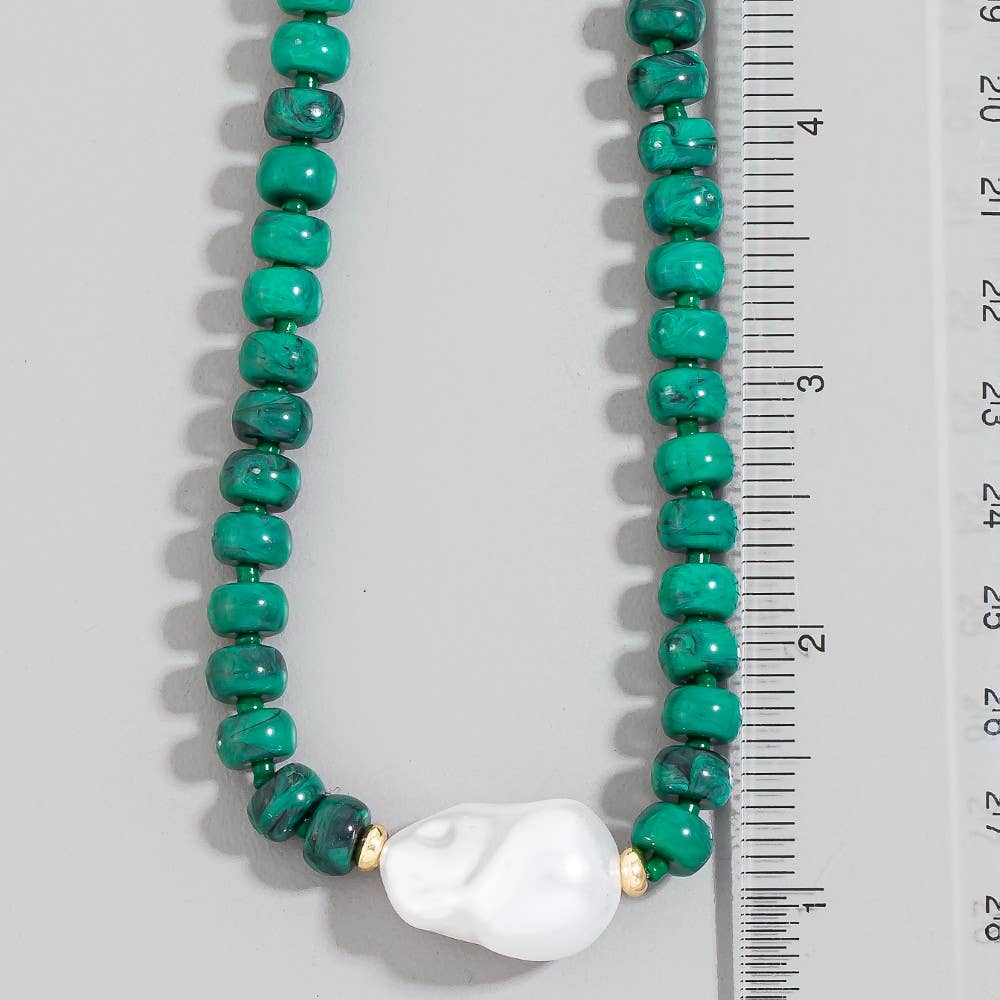 Pearl Pendant Green Stone Beaded Necklace