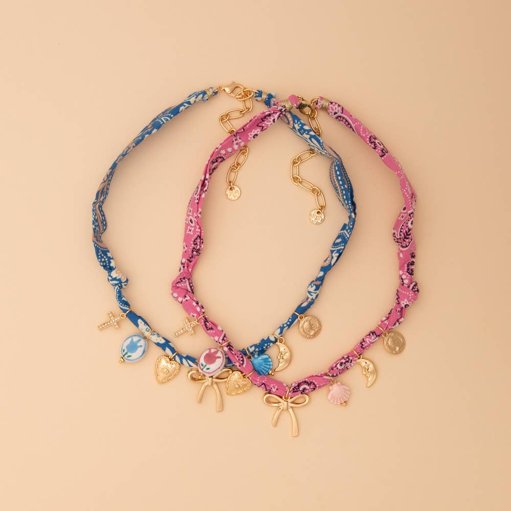 Bandana Necklace with Gold Bow and Charm Trinkets