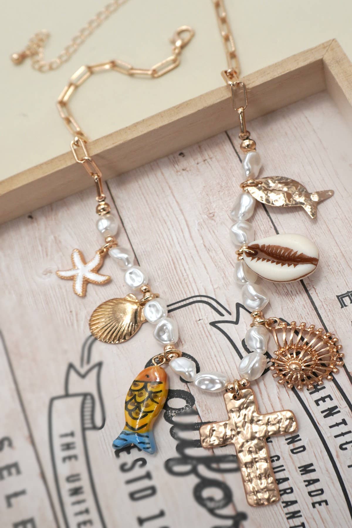 Porcelain Fish Cross Pearl Charm Necklace