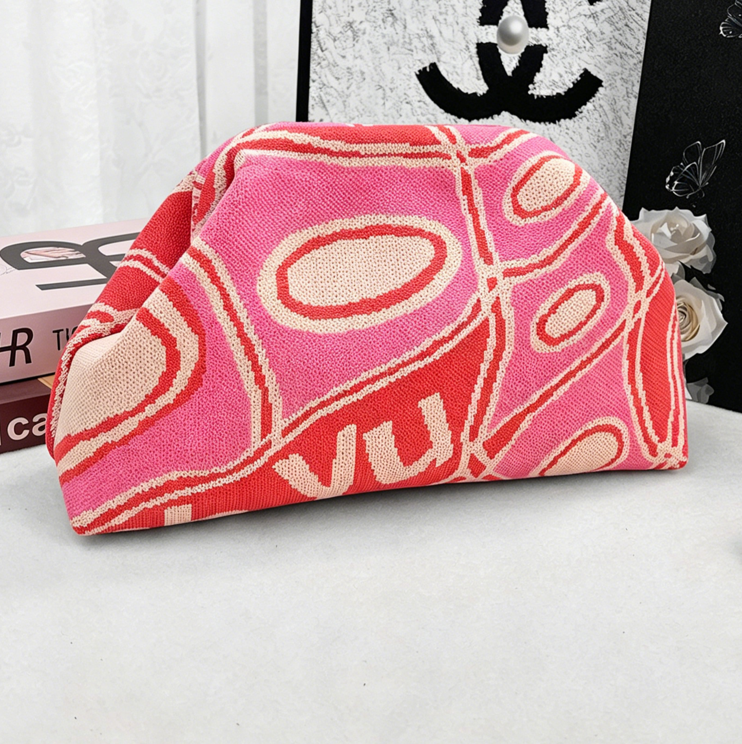 Stripe Knit Cosmetic Bag Geo Pattern Storage Clutch