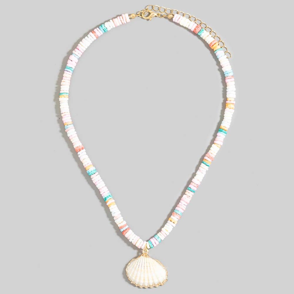 Metallic Dip Clam Shell Pendant Disc Beaded Necklace