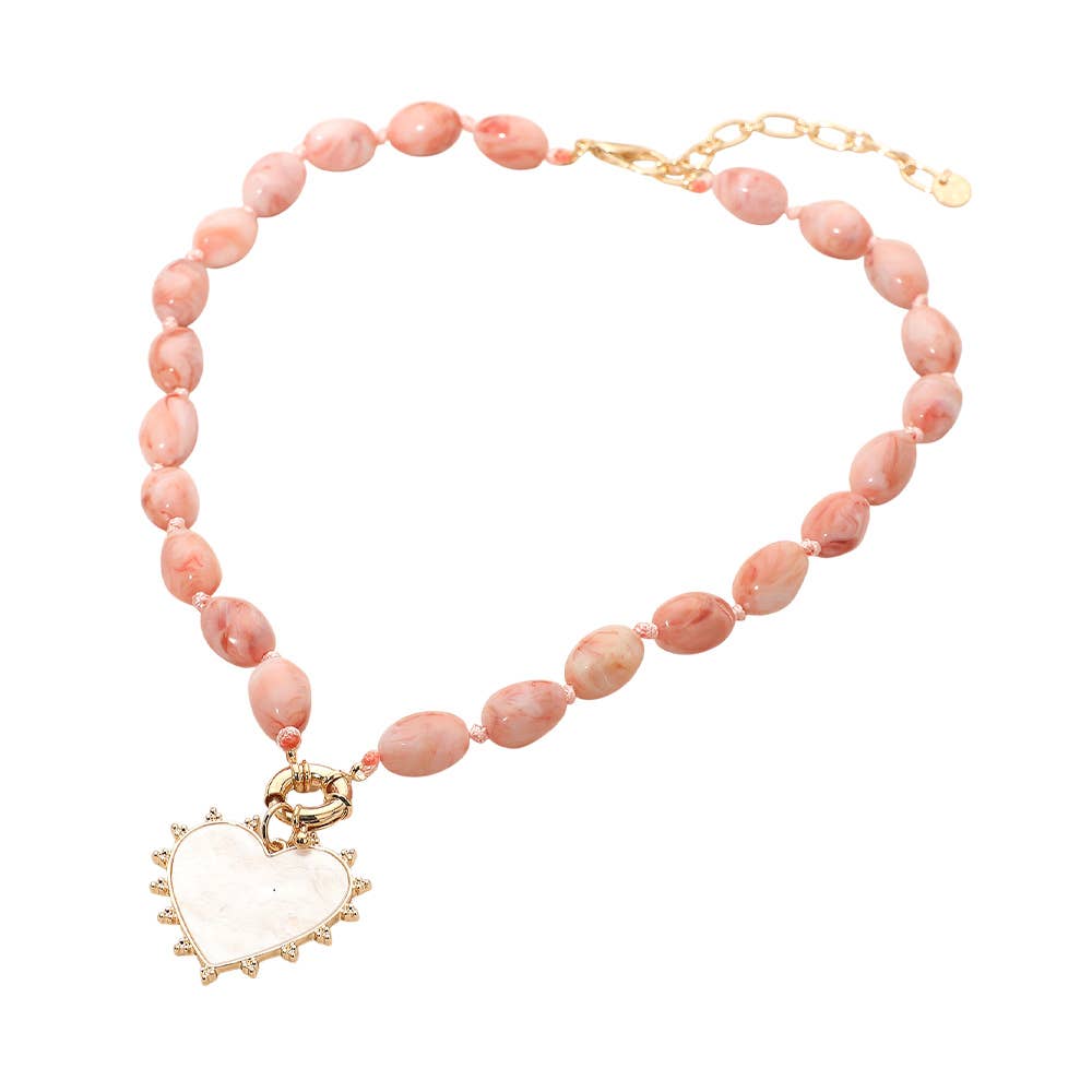 Mother of Pearl Heart Pendant Marbled Resin Oval Beaded Necklace