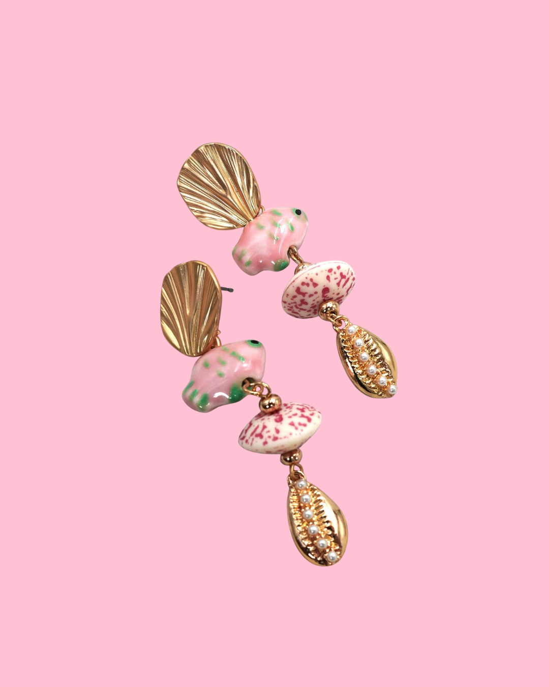 Pink Ceramic Porcelain Fish Drop Earrings