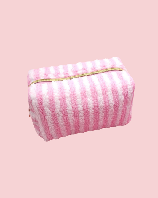 Plush Striped Sherpa Makeup Bag - Cozy Travel Pouch