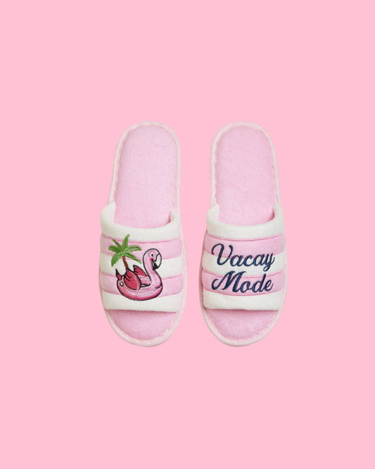 Pink Striped Slippers with Vacay Mode Flamingo