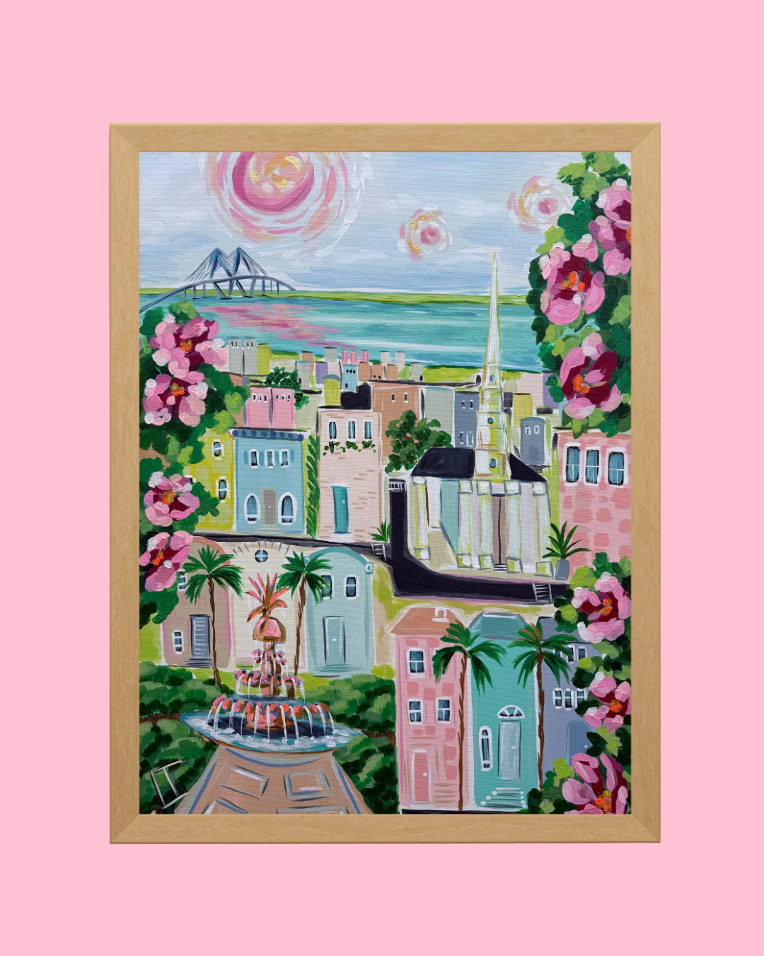 Charleston Inspired Print: Camellias and Rooftops 