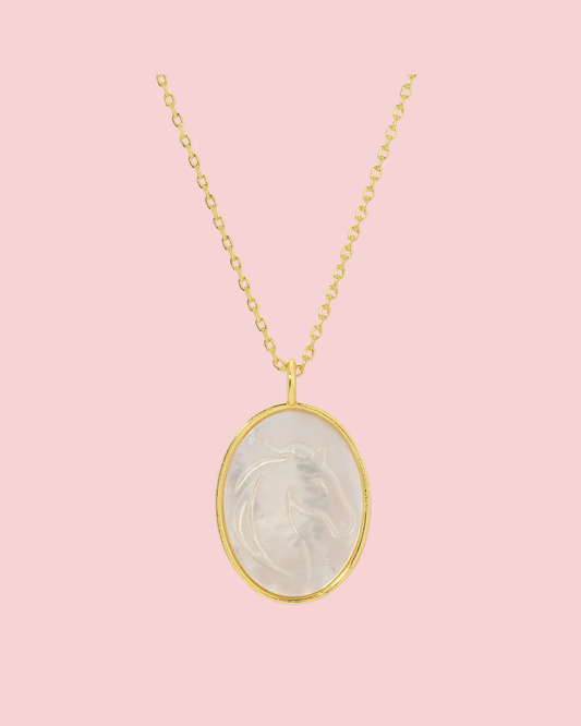 Horse Etched Shell Pendant Necklace