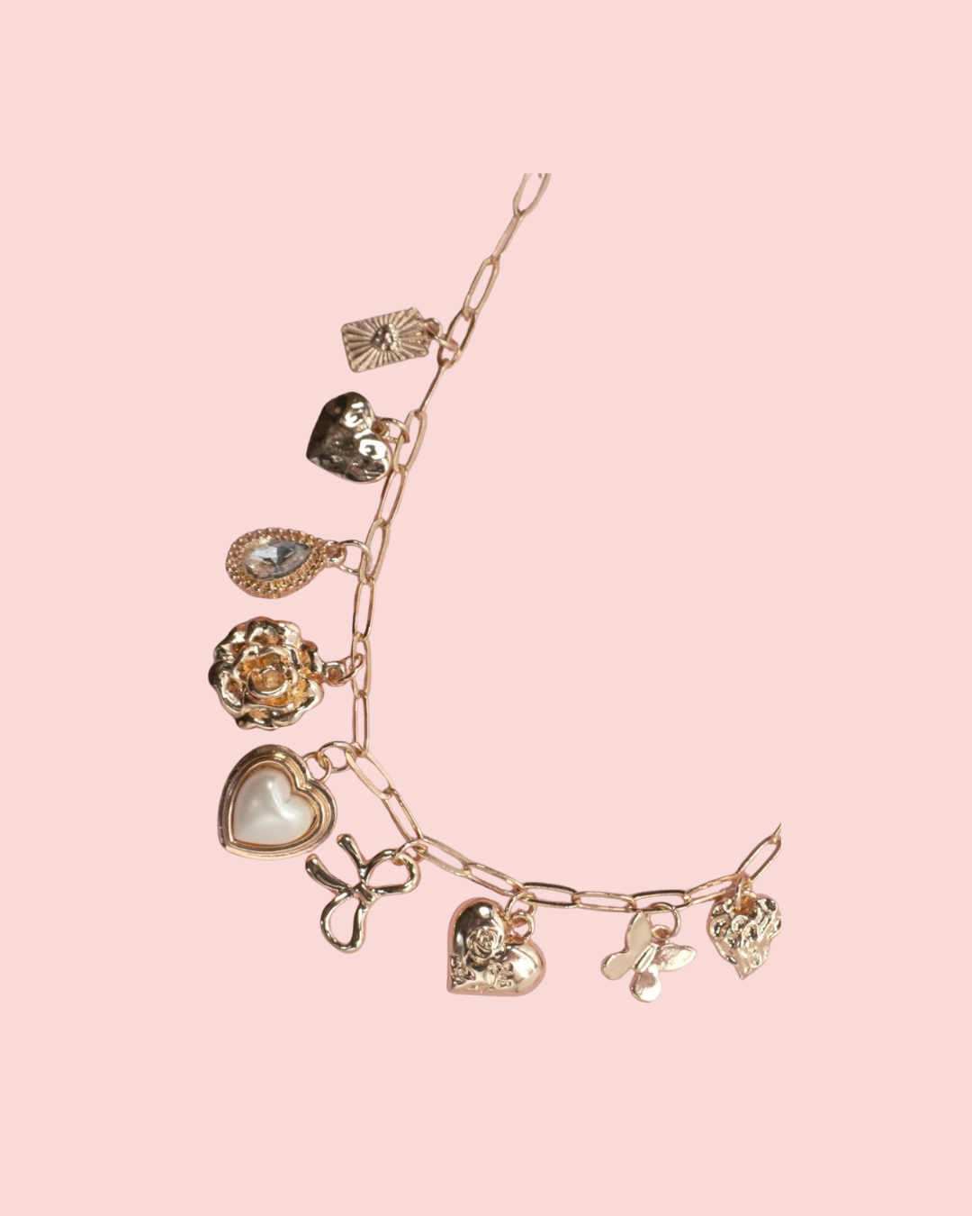 Bow Heart & Rhinestones Charm Necklace
