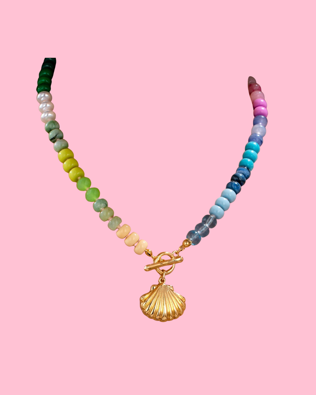 Rainbow Beaded Seashell Charm Necklace