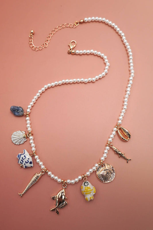 CHARM NECKLACE-PORCELAIN SHELLS FISH NATURAL STONE | 80N9214