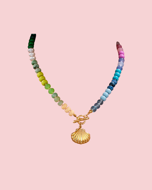 Rainbow Beaded Seashell Charm Necklace