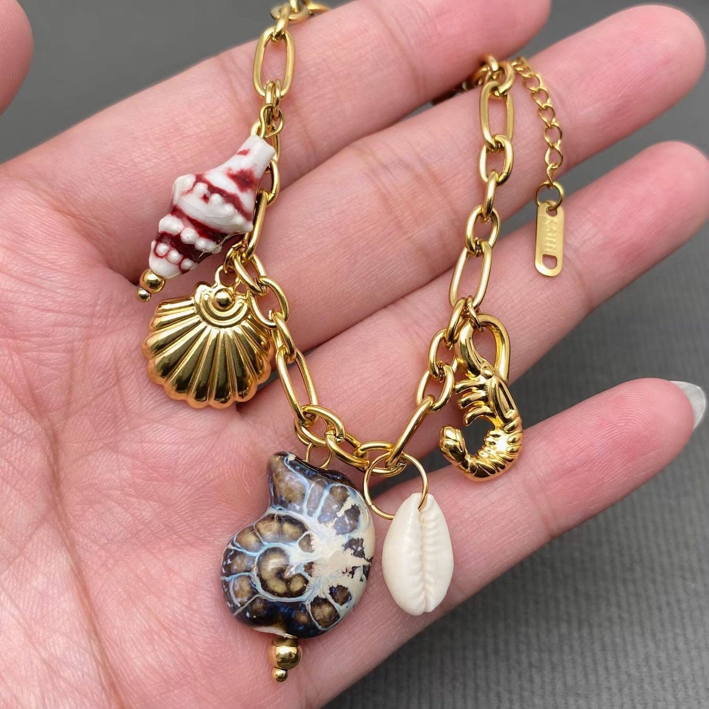Conch & Shell & Lobster Charm 18K Golden SS Bracelets - FGS