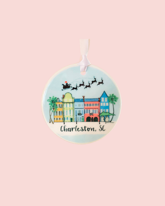 Rainbow Row Christmas Scene Ceramic Ornament