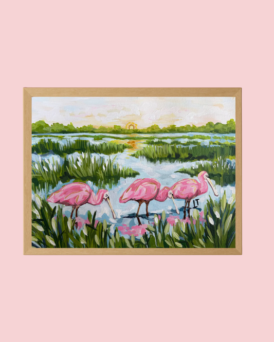 Coastal Print: Spoonbills at Sunset 