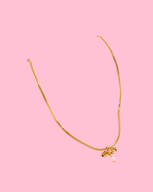 Pearl Bead And Ribbon Bow Pendant Chain Necklace