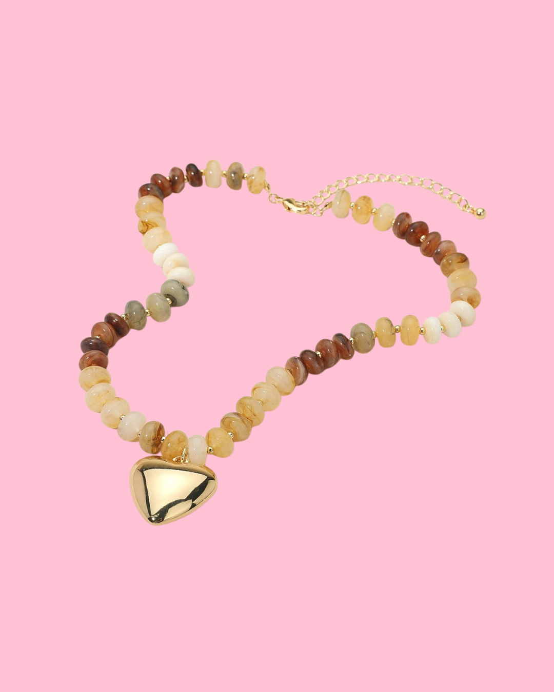 18K Gold Dipped Puffy Heart Pendant Chunky Resin Disc Beaded Necklace