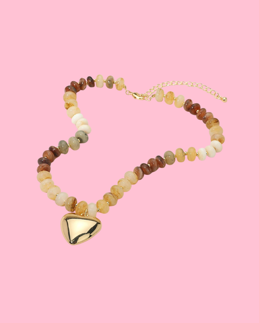 18K Gold Dipped Puffy Heart Pendant Chunky Resin Disc Beaded Necklace