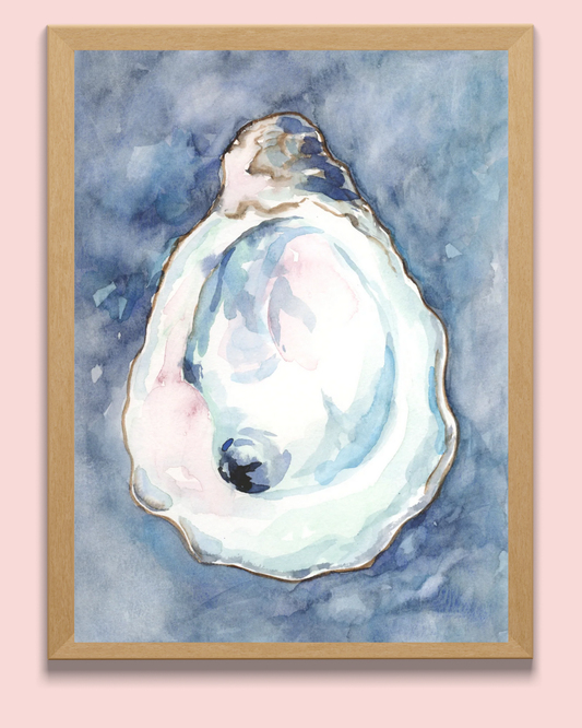 Oyster Shell Watercolor Print – Deep Blue Coastal Wall Art