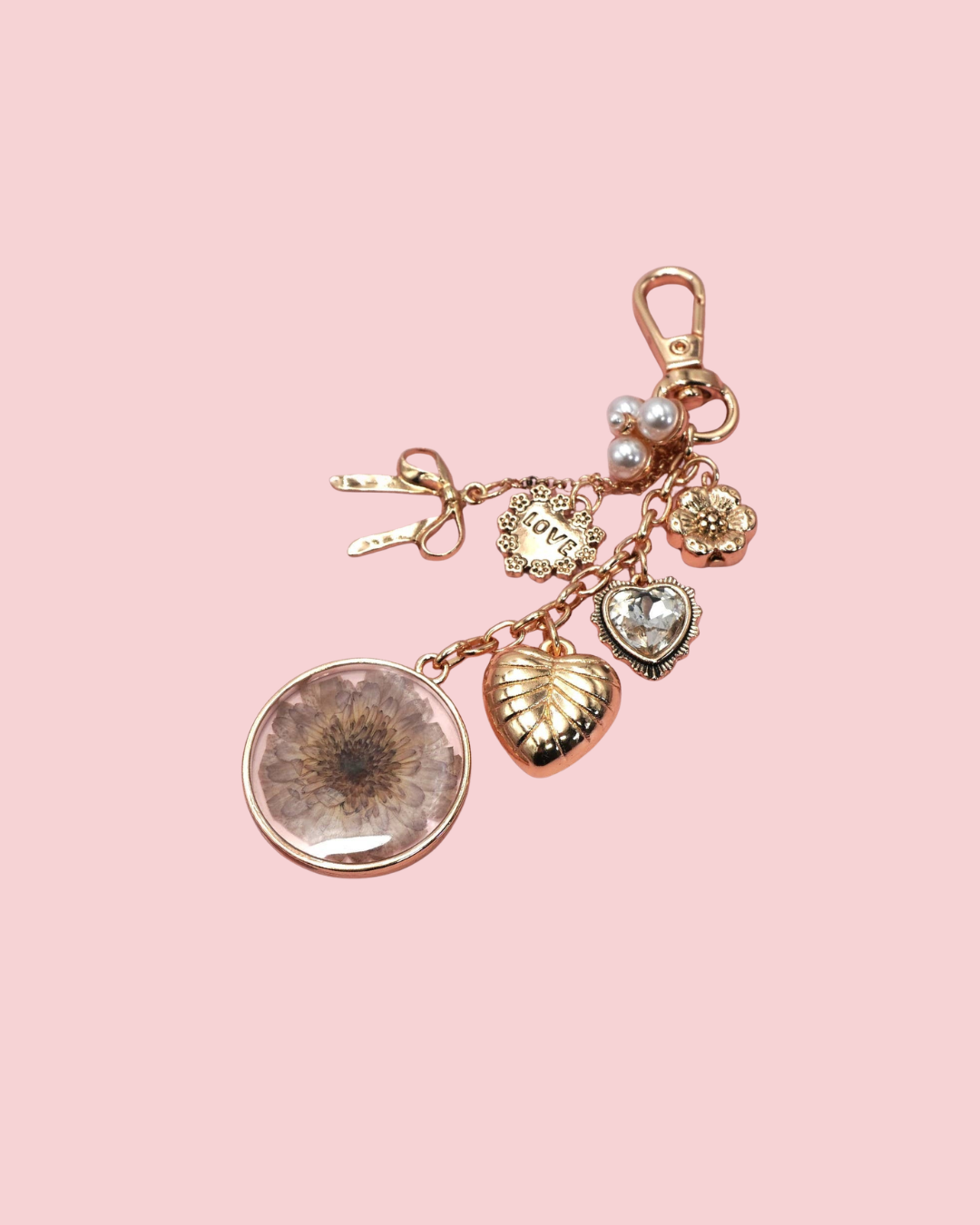 BAG CHARM-DRIED FLOWER BOW HEART PEARL