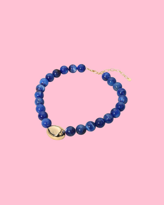 Polished Metal Bean Accent Bold Marbled Ball Beaded Statement Necklace