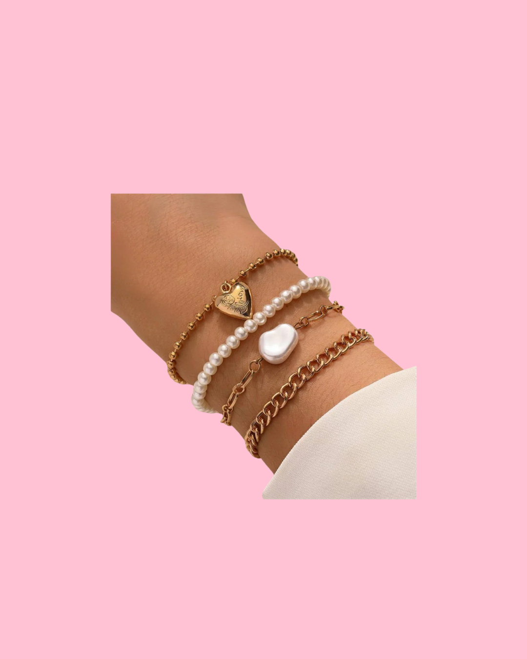 Heart & Pearl Link Bracelet Set