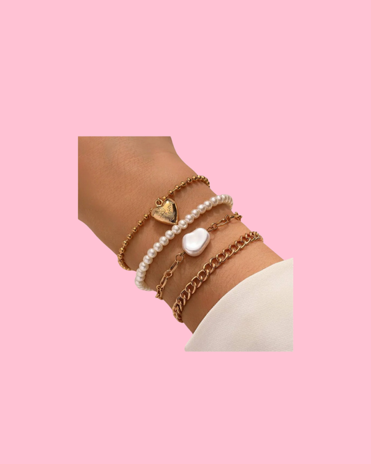 Heart & Pearl Link Bracelet Set