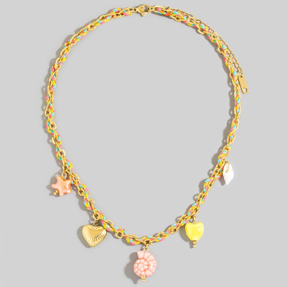 Stainless Steel Sea Life And Heart Charms Braided Necklace
