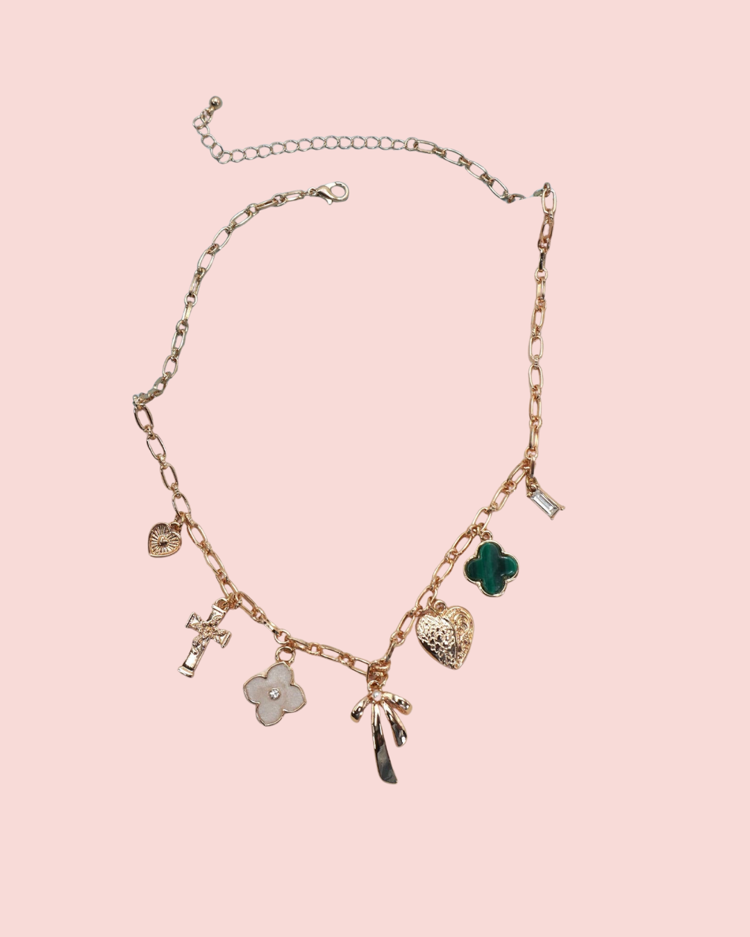 Bow Cross Heart Green Clover Charm Necklace