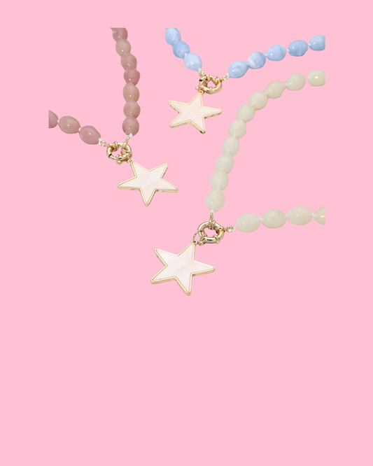 Mother of Pearl Star Pendant Marbled Pebble Beaded Necklace