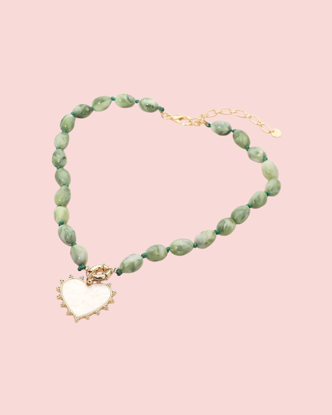 Mother of Pearl Heart Pendant Marbled Resin Oval Beaded Necklace