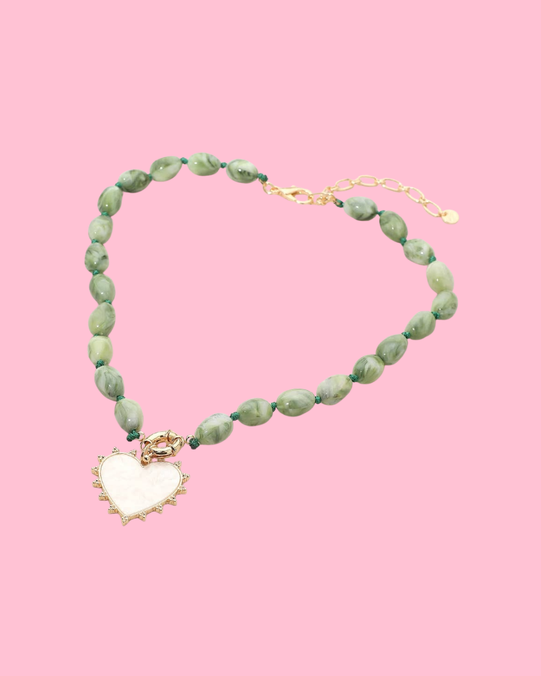 Mother of Pearl Heart Pendant Marbled Resin Oval Beaded Necklace