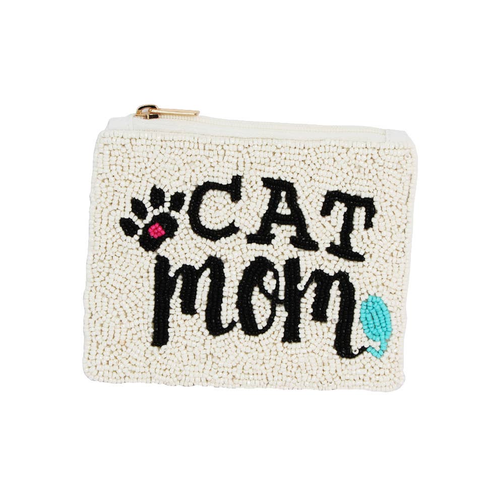 CAT MOM Message Seed Beaded Mini Pouch Bag