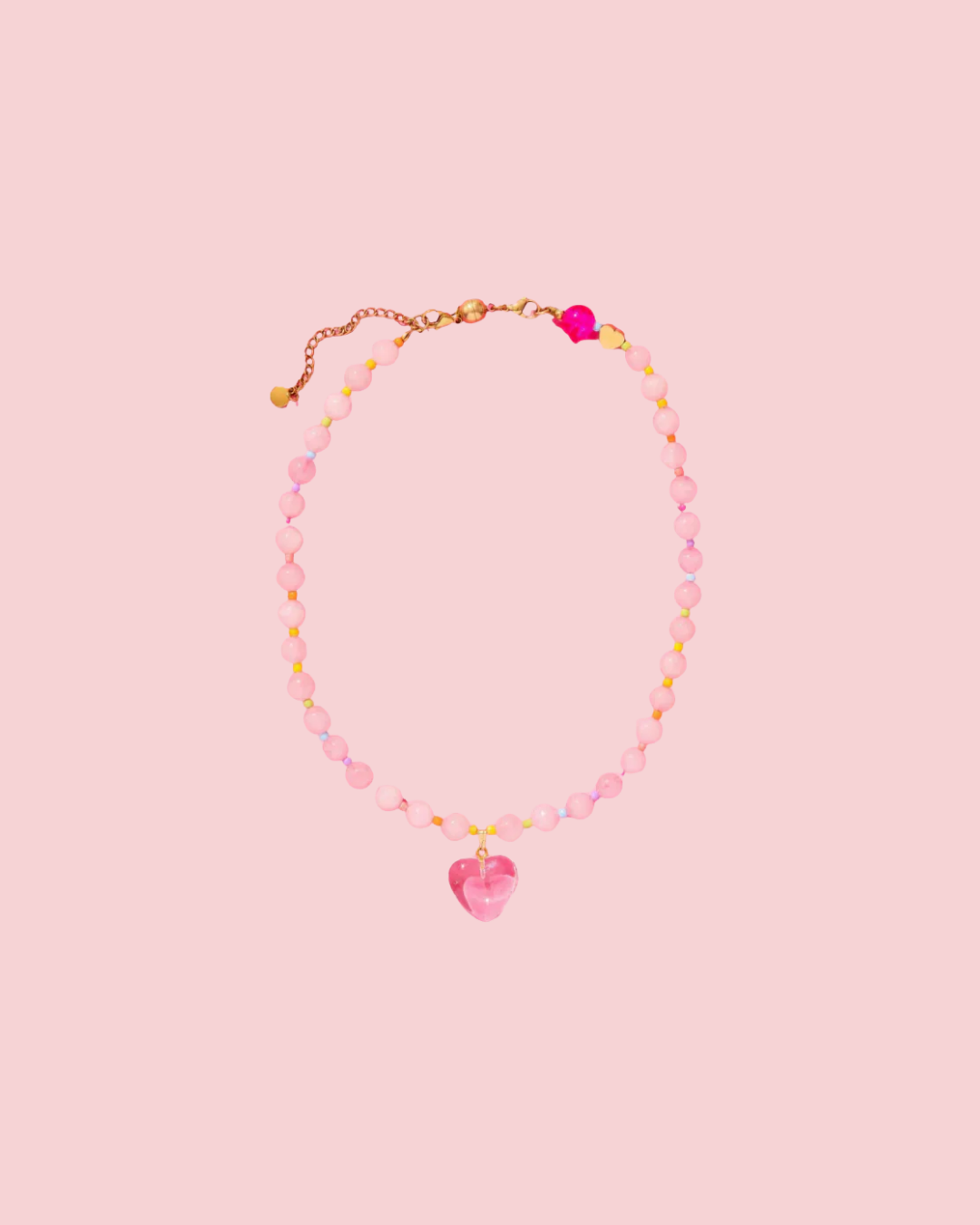 Beaded Necklace - Pink + Multi-Color w/Dangle Heart - Lottie