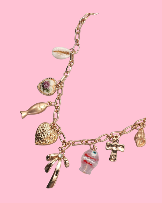 CHARM NECKLACE-FISH BOW CHARM PEARL SHELL CROSS