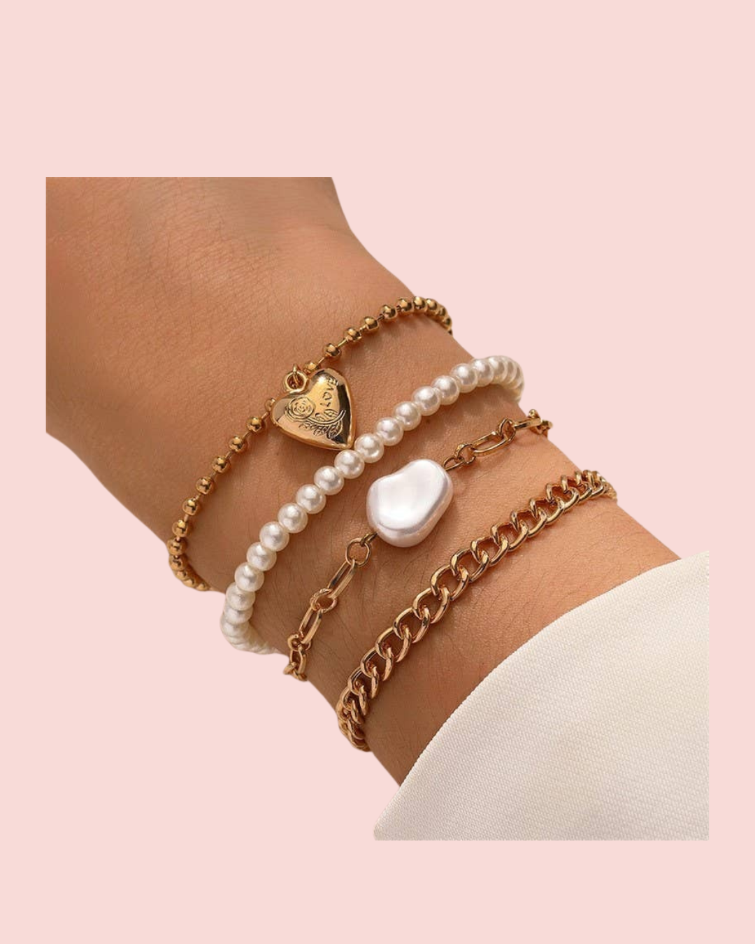Heart & Pearl Link Bracelet Set