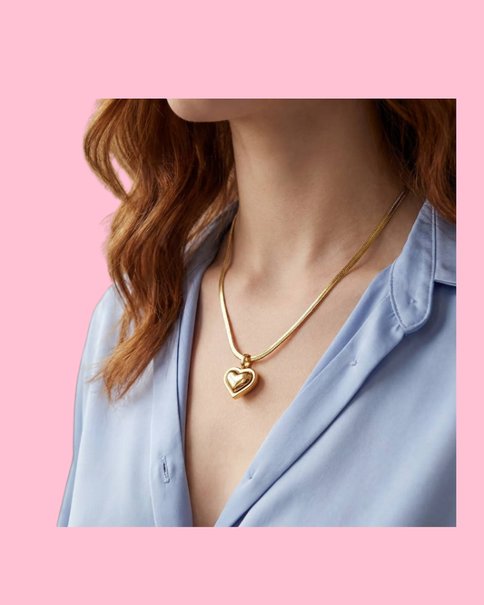 Stainless Steel Heart Pendant Herringbone Chain Necklace