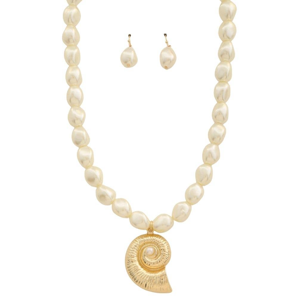 SEASHELL PENDANT METAL PEARL BEAD NECKLACE