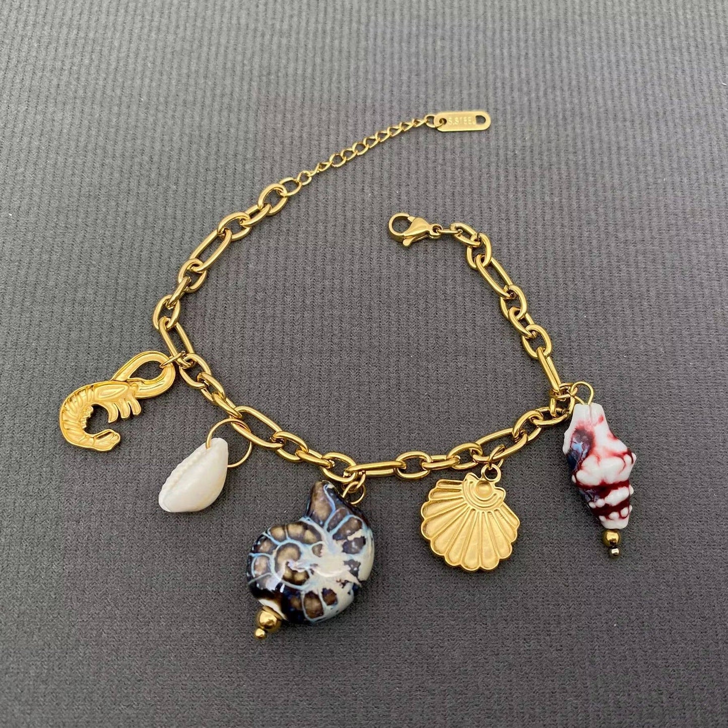 Conch & Shell & Lobster Charm 18K Golden SS Bracelets - FGS