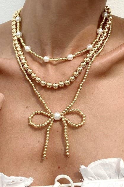 Multilayer Bow & Pearl Necklace