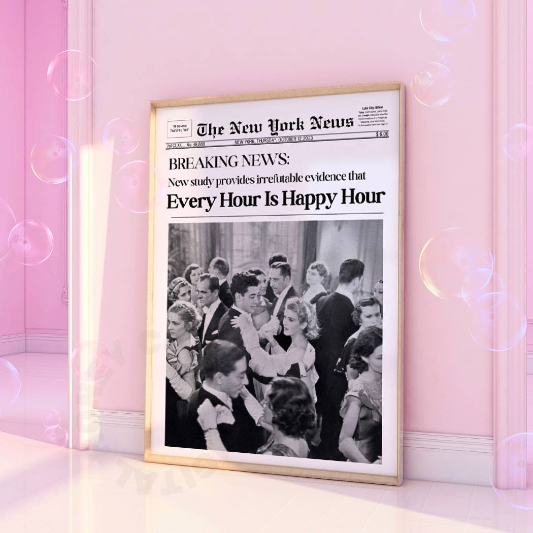Every Hour Is Happy Hour Retro Newspaper Wall Art Prints