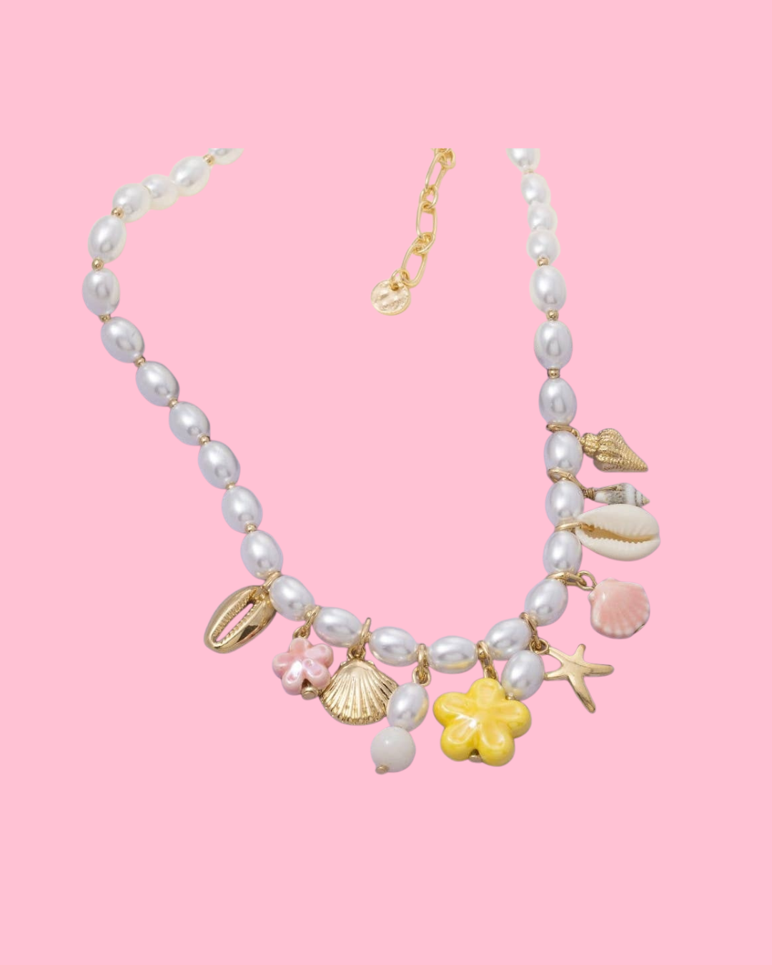 Mixed Sea Life Charms Oval Pearl Beaded Necklace