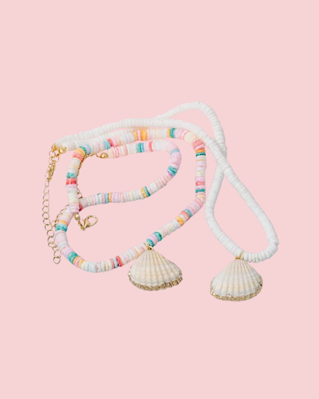 Metallic Dip Clam Shell Pendant Disc Beaded Necklace