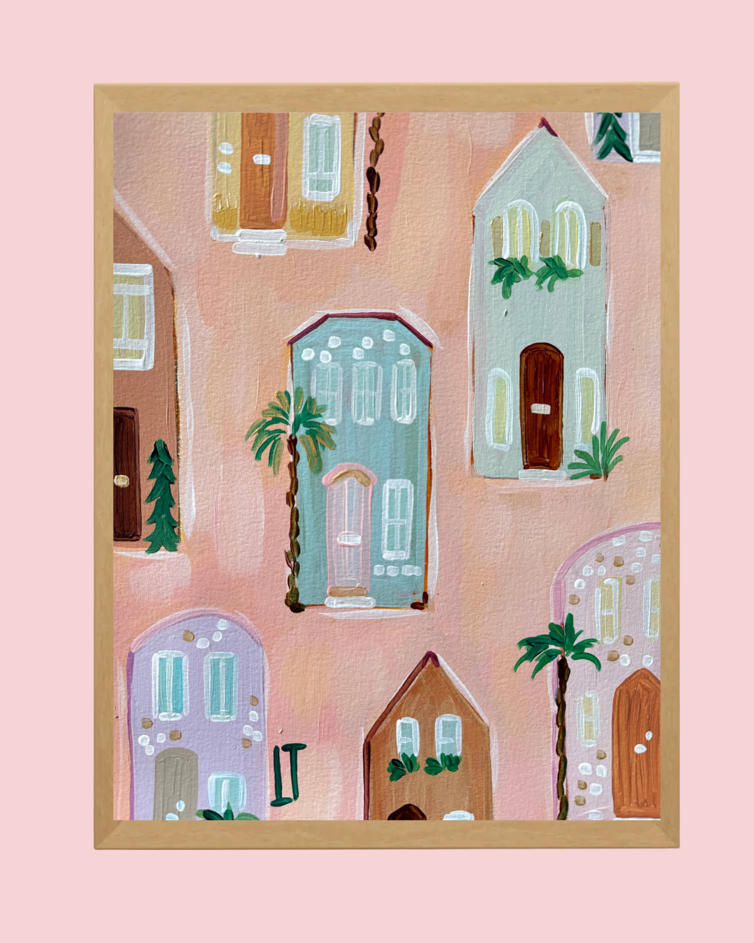 Charleston Inspired Print:  Colorful Homes Pattern in Pink