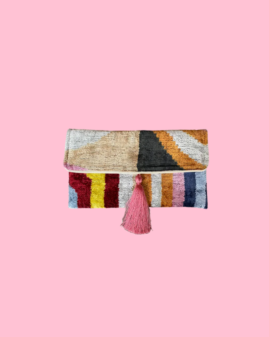Color Block Silk Velvet Ikat Clutch