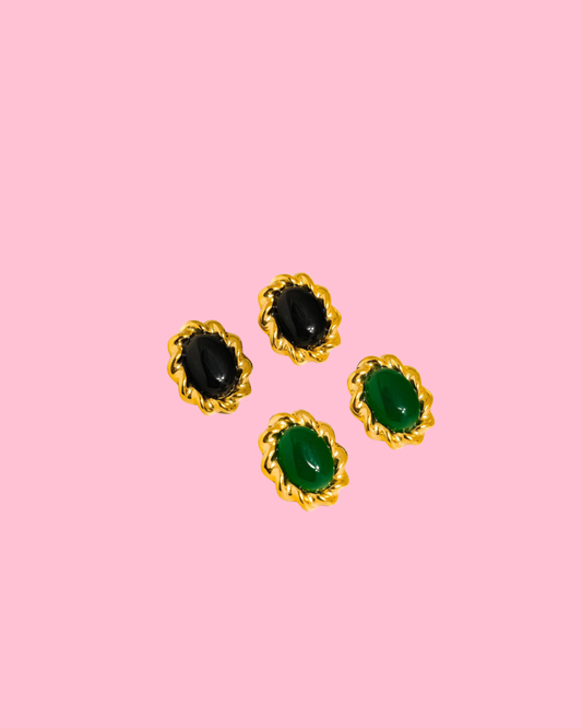 Eulie 18K Gold Non-Tarnish Vintage Stone Oval Earring