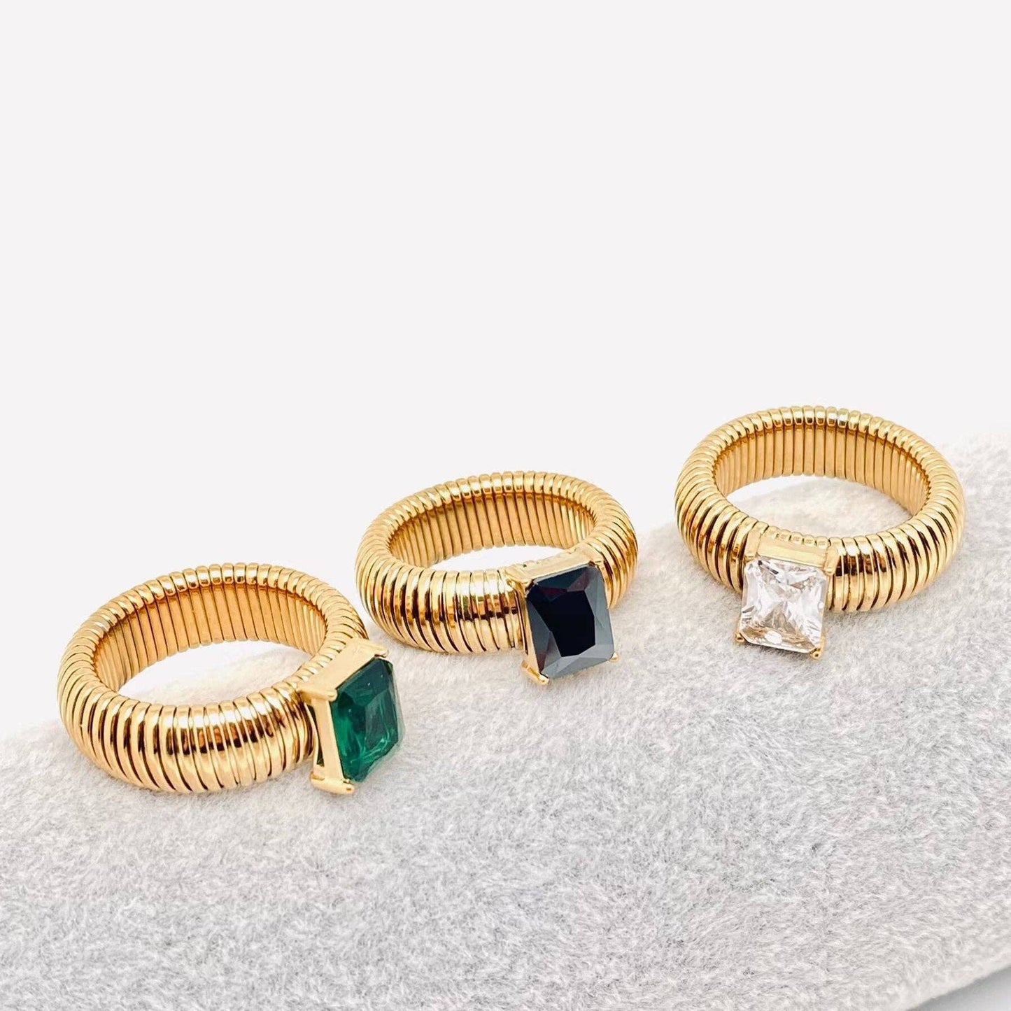 Zircon 18K Gold Plated Stainless Steel Striped Rings - FGS