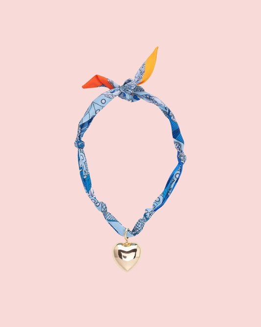Gabby Puffy Heart Scarf Necklace in Aqua & White