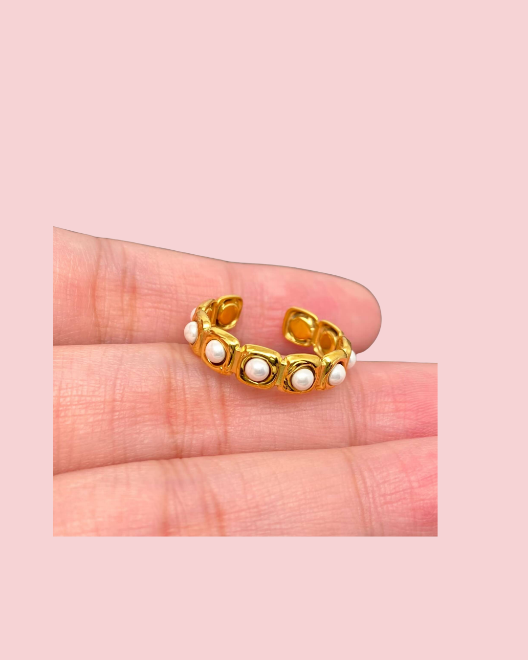 18K Golden Stainless Steel Adjustable Ring With Pearls - FGS